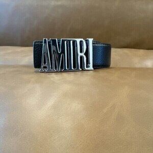 AMIRI Faux Black  Leather Belt Silver Belt Buckle Logo for Men 36